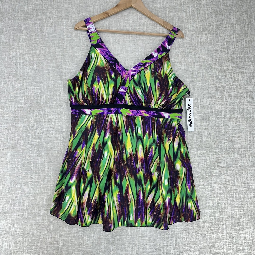 Septangle Swimdress Womens 22W Plus Multicolor Ikat Skirted Tank Swimwear